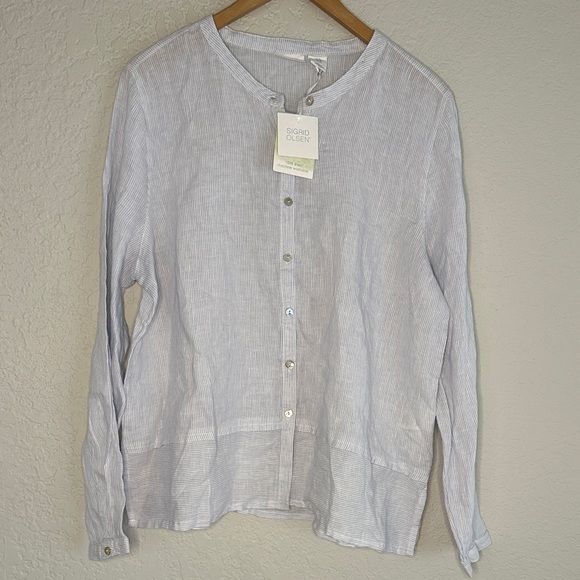 NEW Sigrid Olsen Blue Stripe 100% Linen Button Up Shirt Coastal Nautical Size XL - Picture 1 of 7